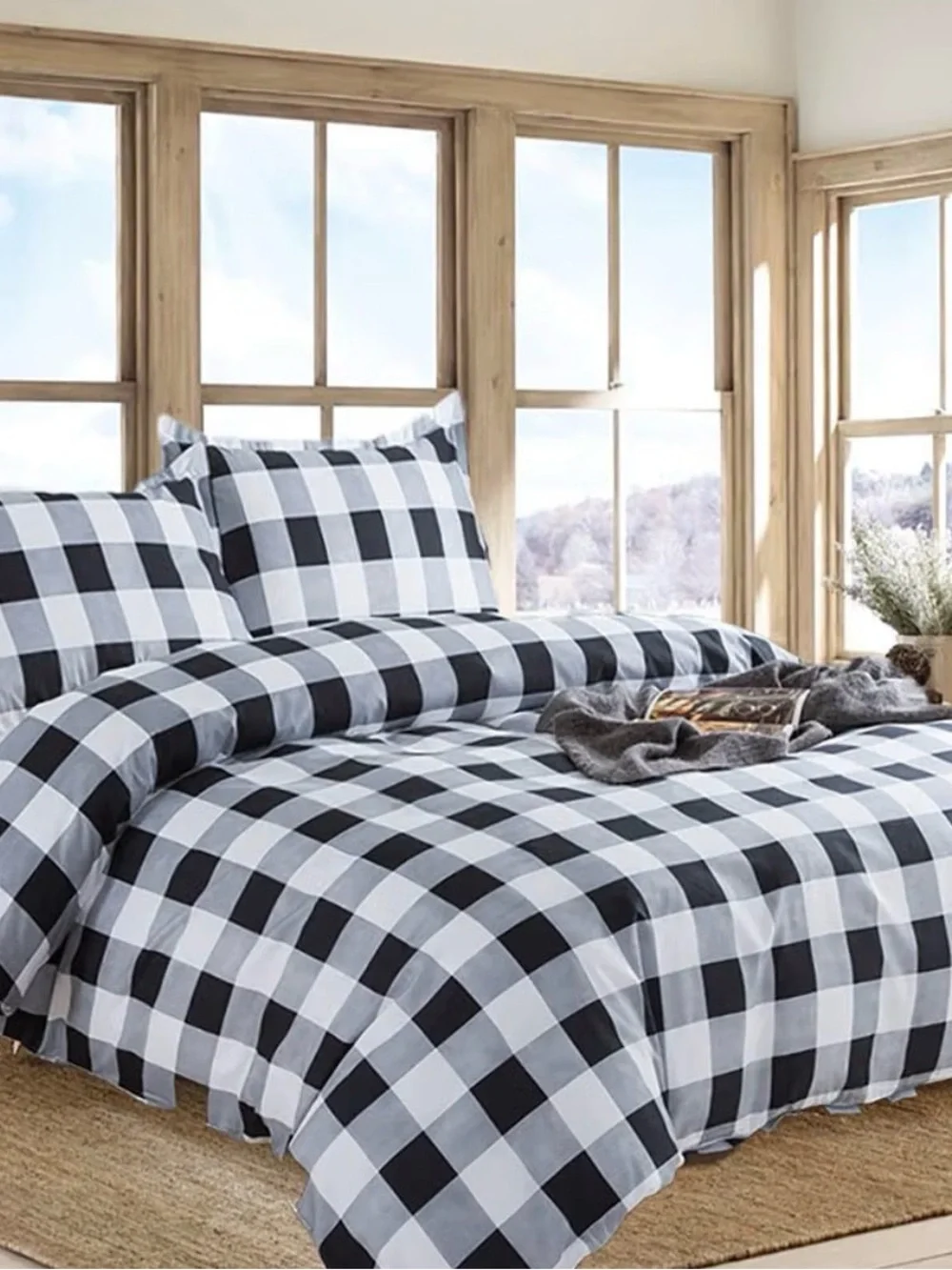 Classic Buffalo Check Black and White Duvet Cover With Two Shams - Queen